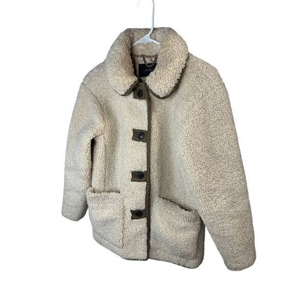 J. Crew Sherpa Dusty Ivory Button Up Teddy Jacket XS Olive Green Trim Coat - Picture 9 of 14